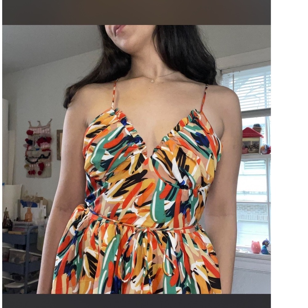 Commense Abstract Art Deco Pattern Midi Dress Orange Multi Wedding Guest Funky M